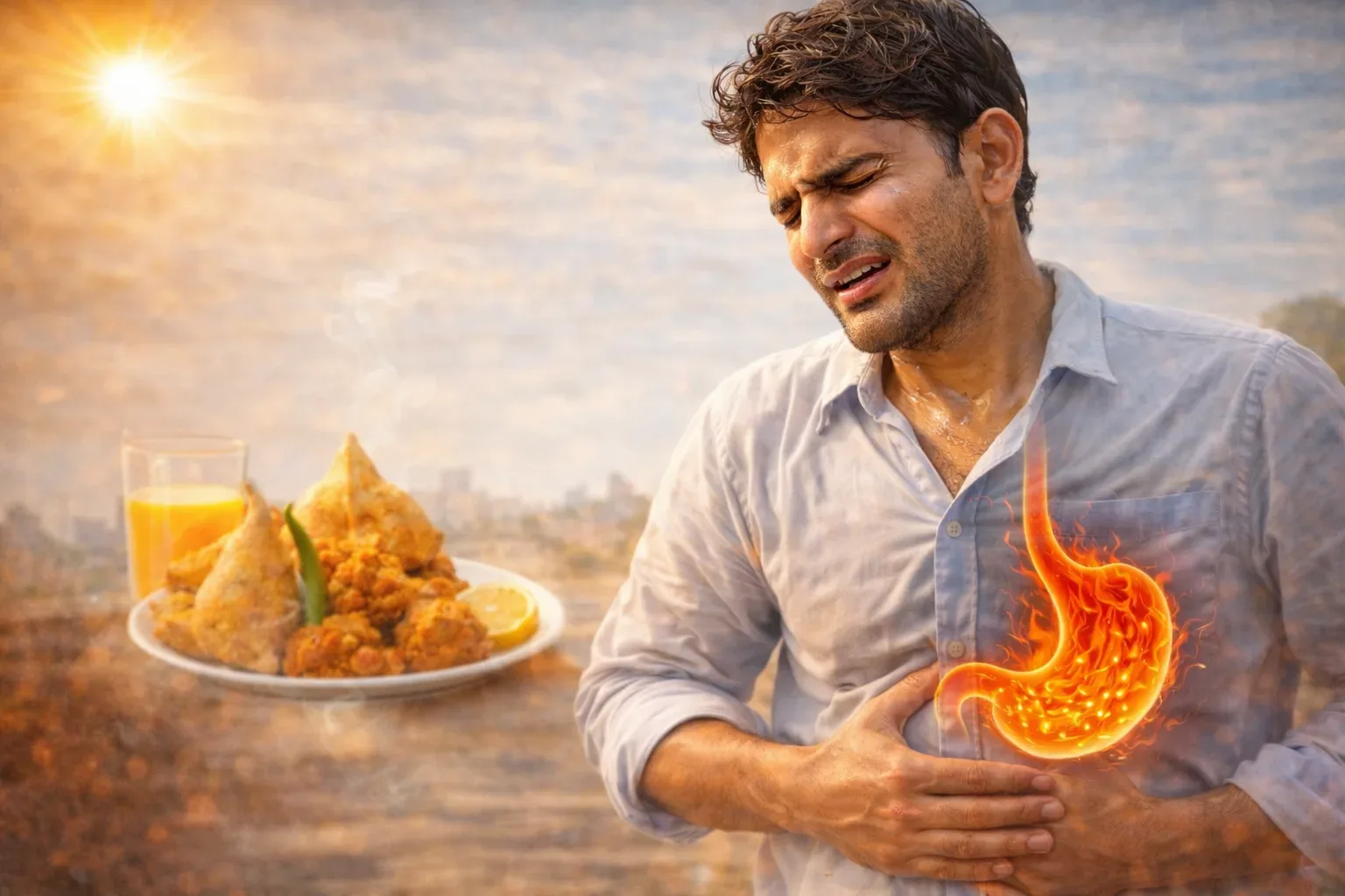 गर्मी में खाली पेट बाहर निकलने से पेट में जलन और कमजोरी महसूस करता व्यक्ति, जो low energy और heat stress के खतरे को दर्शाता है