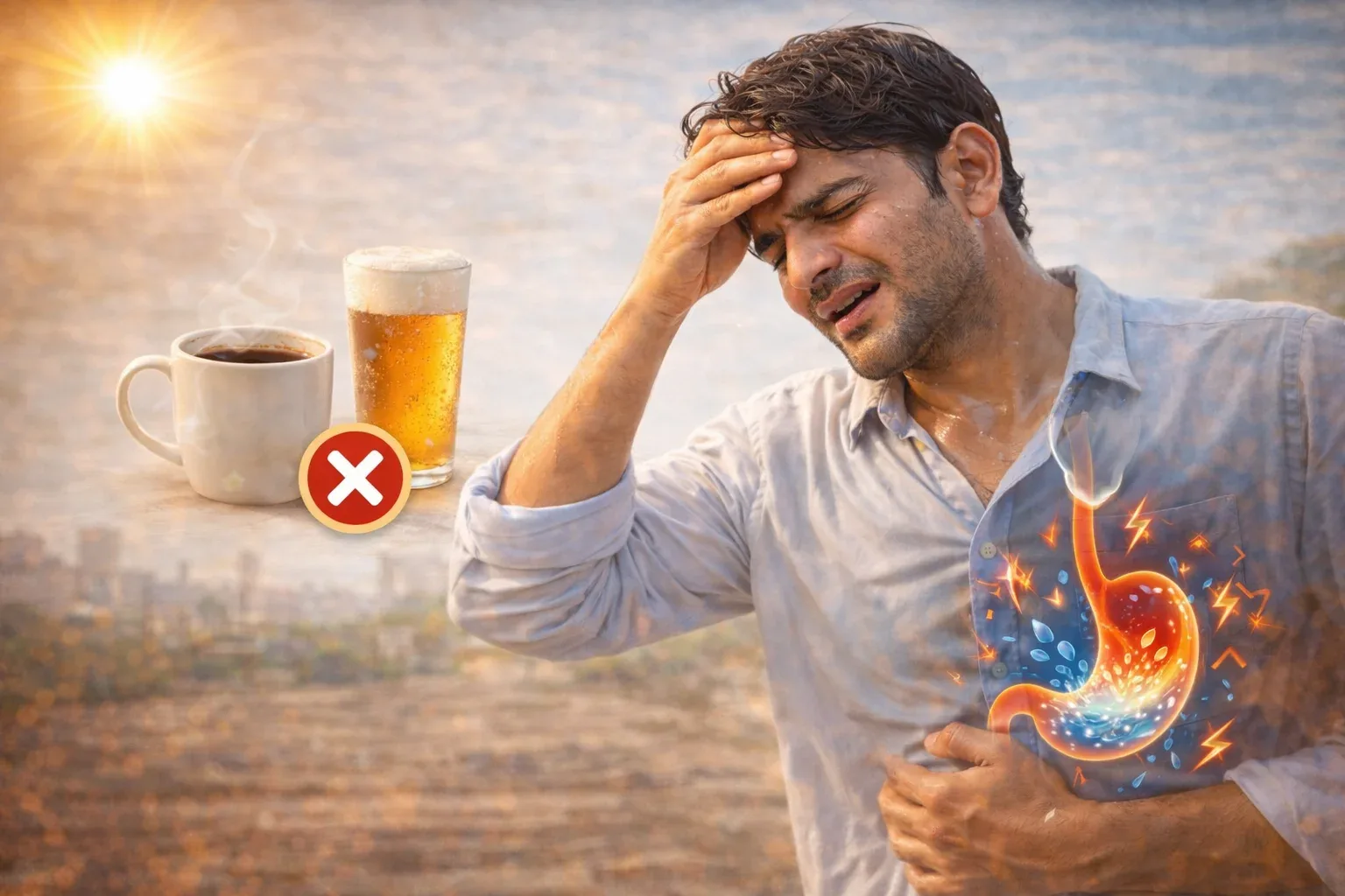 गर्मी में चाय, कॉफी और अल्कोहल के कारण डिहाइड्रेशन और शरीर में परेशानी महसूस करता व्यक्ति, जो पानी की कमी के खतरे को दर्शाता है