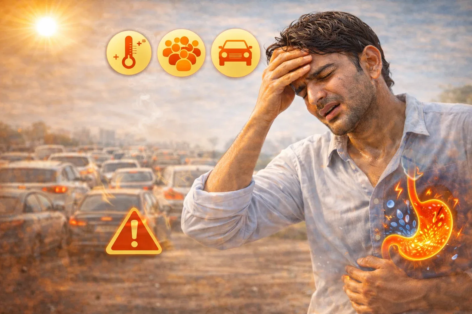 तेज गर्मी में ज्यादा मेहनत करने से थका हुआ व्यक्ति, जो heat stress और शरीर पर अधिक दबाव के खतरे को दर्शाता है