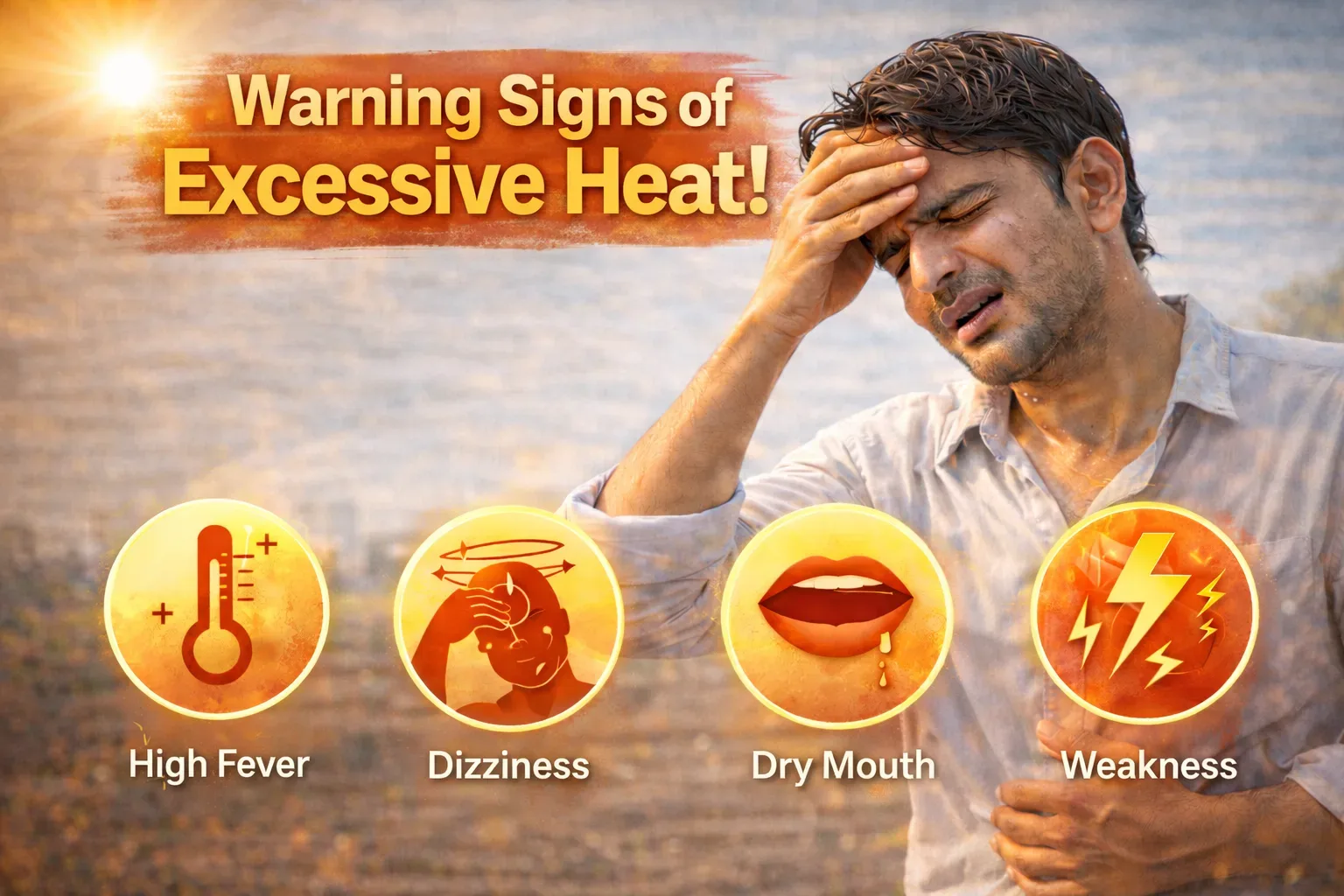 गर्मी में चक्कर, सिर दर्द, कमजोरी और डिहाइड्रेशन जैसे लक्षण महसूस करता व्यक्ति, जो heat stress के शुरुआती संकेतों को दर्शाता है