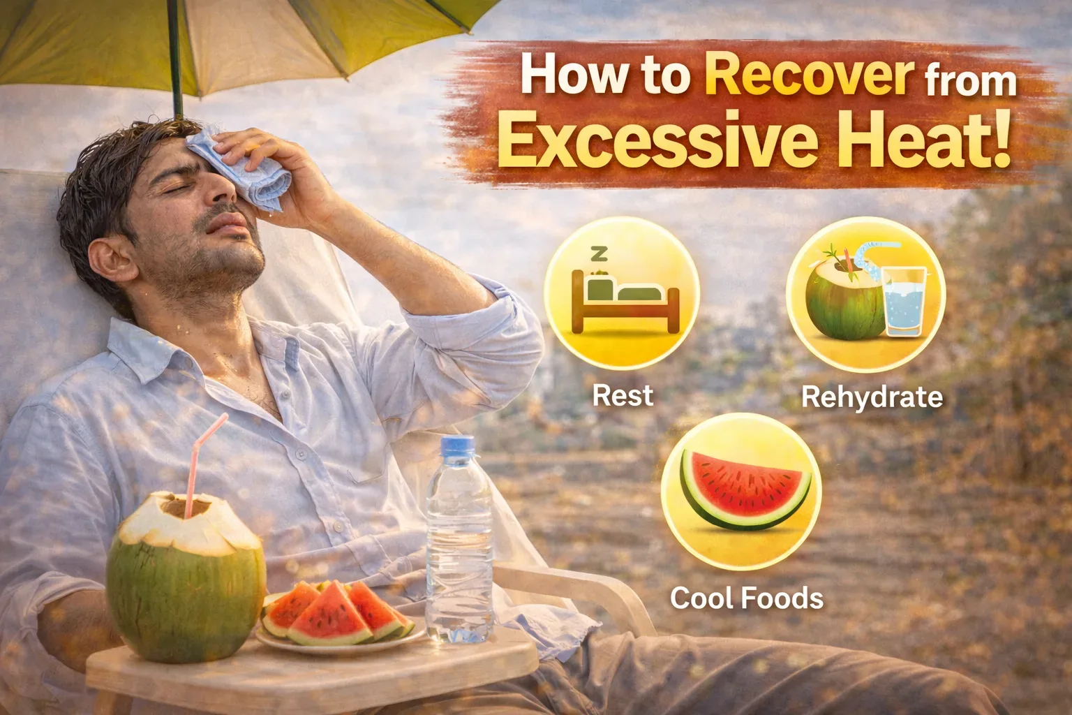 गर्मी से आने के बाद छांव में आराम करता व्यक्ति, पानी, नारियल पानी और ठंडे फल लेकर शरीर को धीरे-धीरे ठंडा करता हुआ, सही recovery process को दर्शाता दृश्य