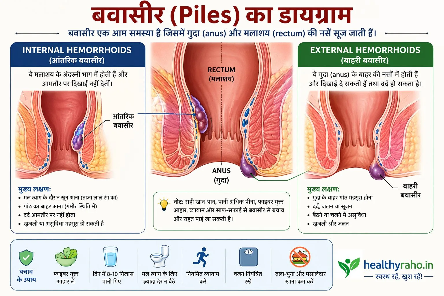 बवासीर (piles) का डायग्राम – internal और external hemorrhoids | HealthyRaho.in