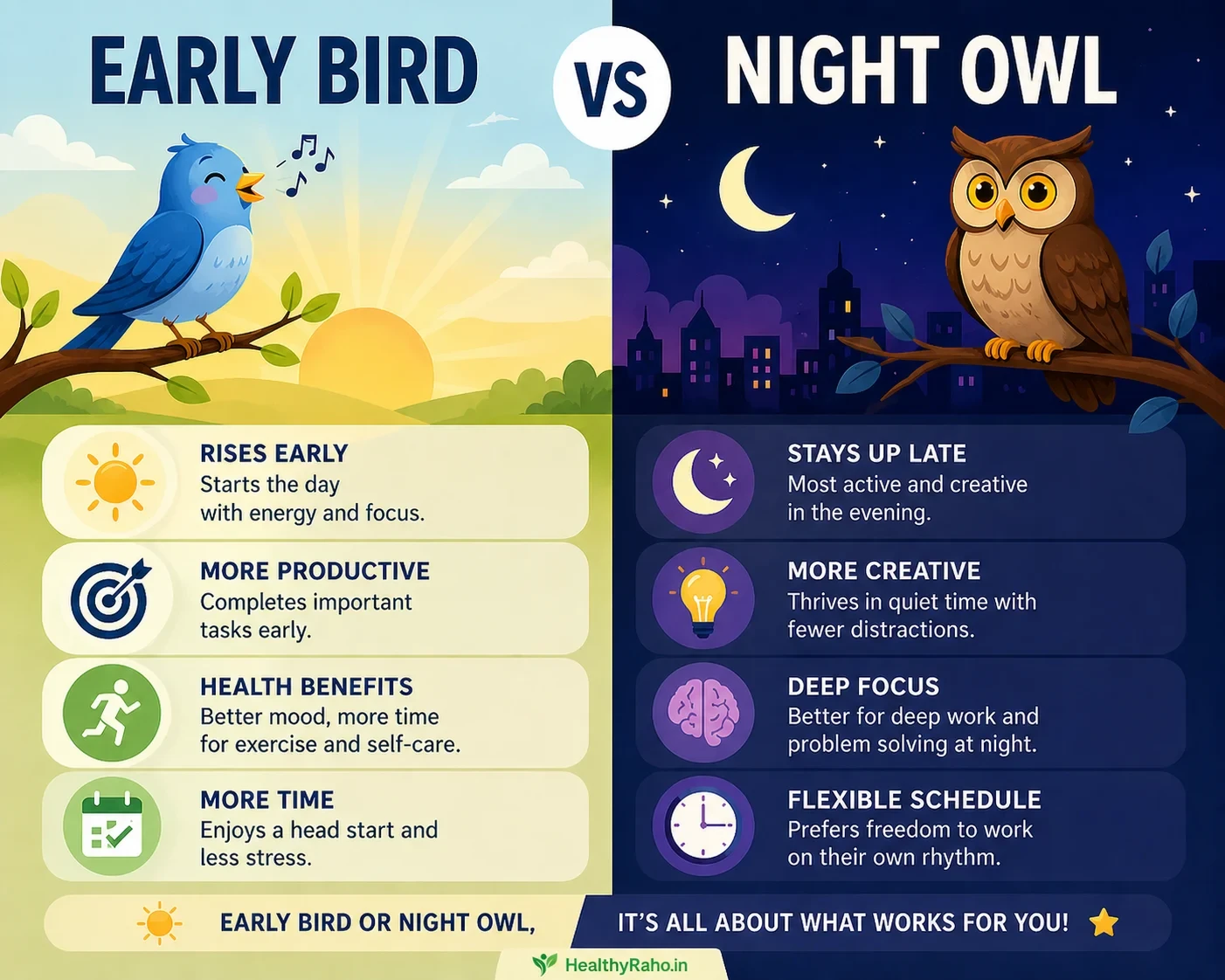 Early Bird vs Night Owl infographic showing benefits of waking up early vs staying up late, including productivity, health benefits, creativity, deep focus, and sleep habits