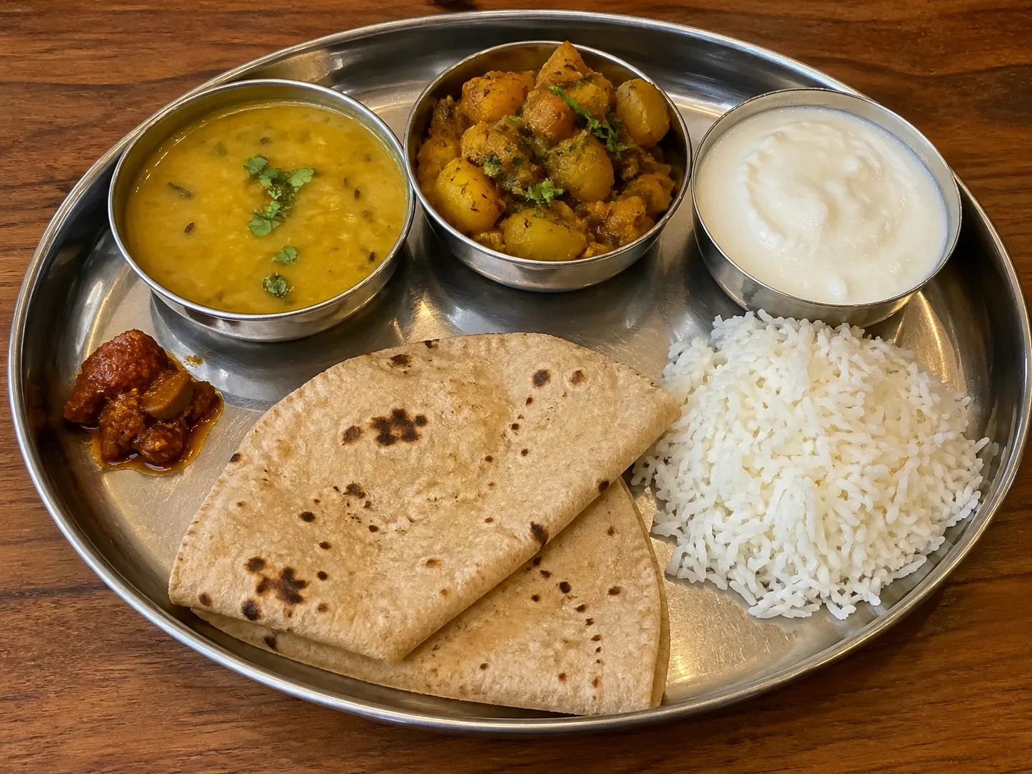 Balanced Indian thali with roti, rice, dal, vegetable curry, curd, and pickle served on a steel plate | HealthyRaho.in