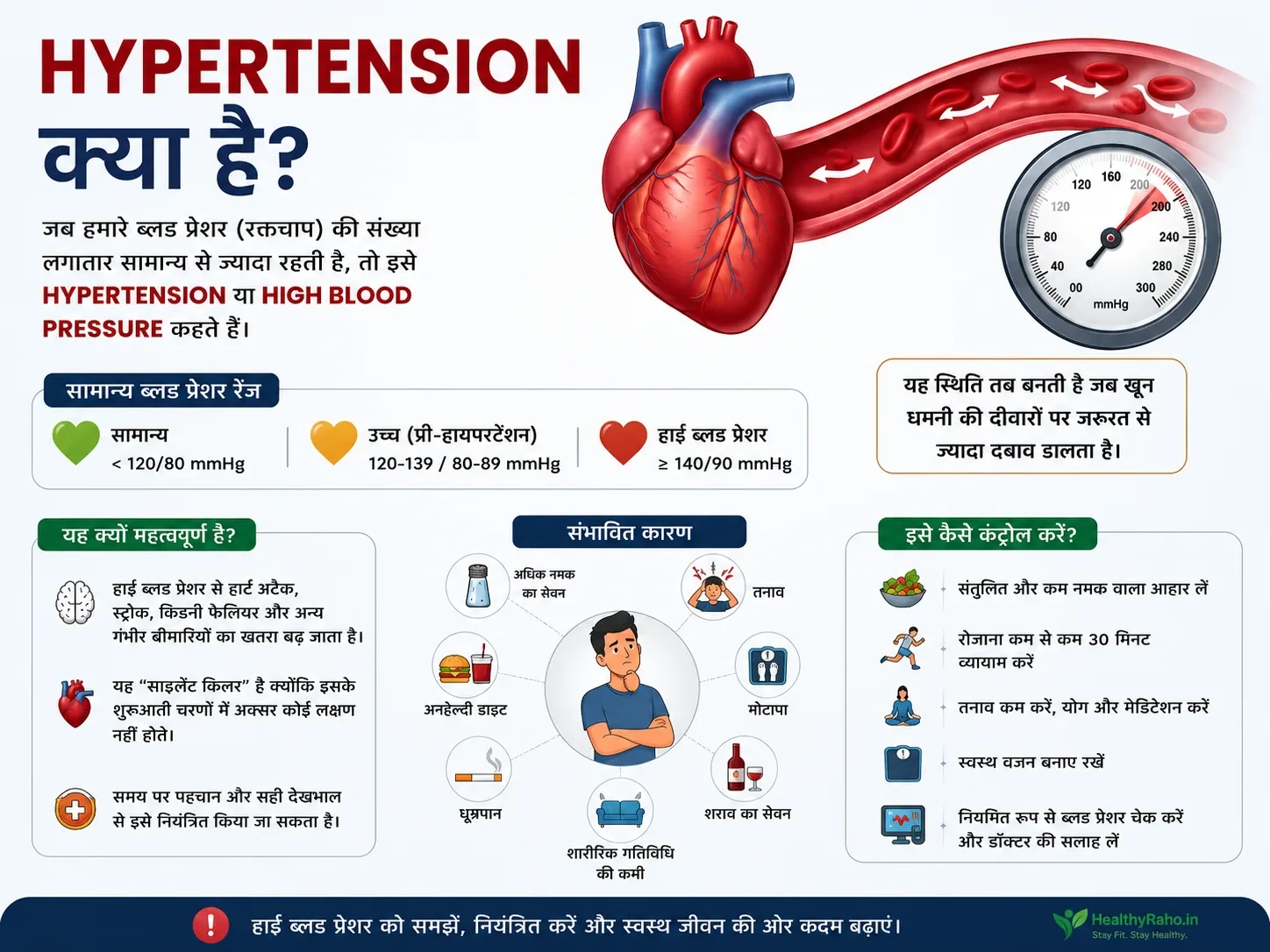 What is Hypertension? Hypertension means high blood pressure - a condition where the force of blood against your arteries stays too high for too long. HealthyRaho.in