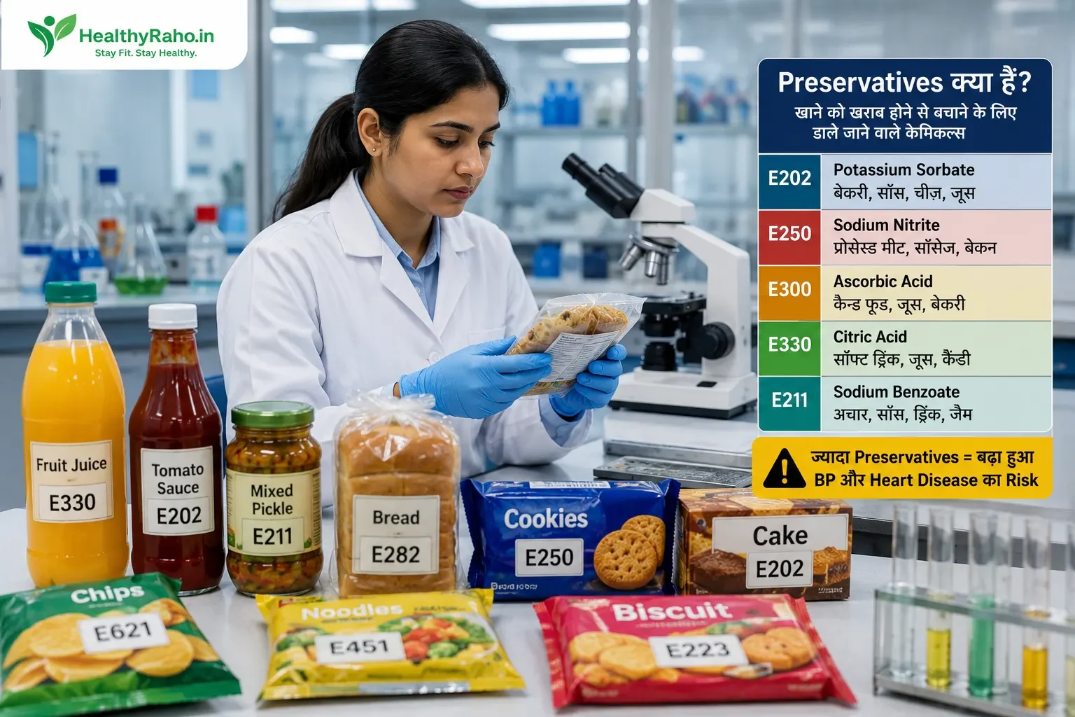 Food preservatives E202 E250 E300 wale packaged foods ko examine karta food scientist