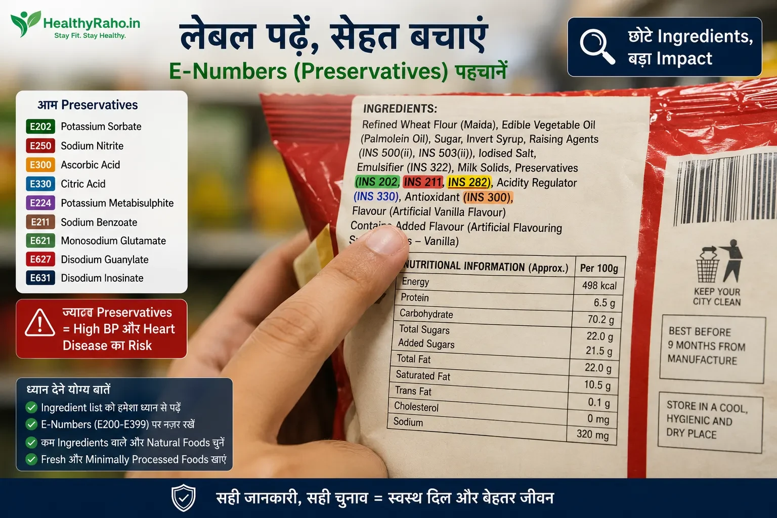 Food label par E-number aur preservatives identify karte hue consumer