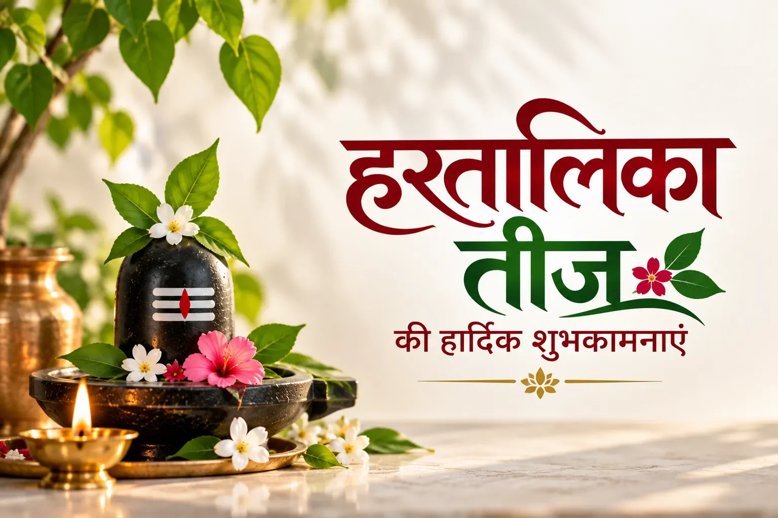 हरतालिका तीज की हार्दिक शुभकामनाएं – भगवान शिव के शिवलिंग, फूलों, बेलपत्र और जलते दीपक के साथ सुंदर पूजा दृश्य