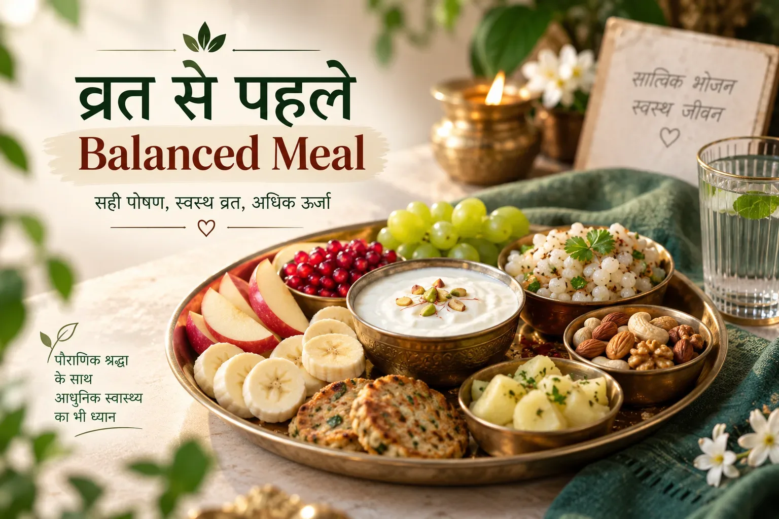 हरतालिका तीज के निर्जला व्रत से पहले संतुलित भोजन के लिए फल, दही, मेवे और साबूदाना से सजी पौष्टिक थाली।