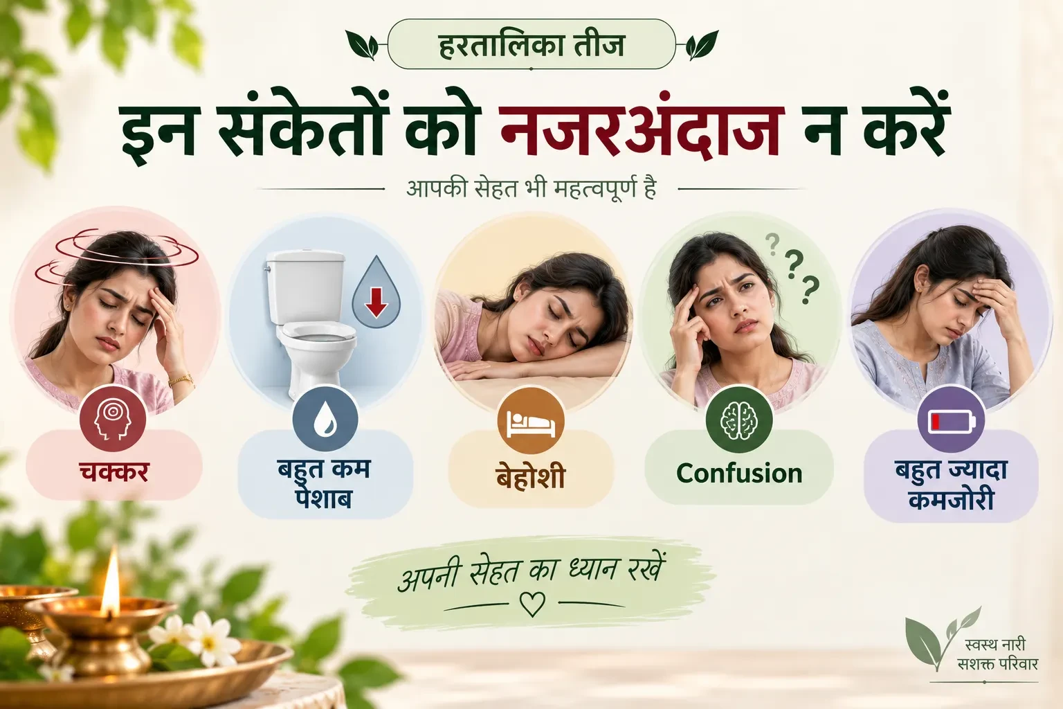 हरतालिका तीज के निर्जला व्रत में चक्कर, बहुत कम पेशाब, बेहोशी, confusion और ज्यादा कमजोरी जैसे warning signs को दर्शाती हेल्थ इन्फोग्राफिक।