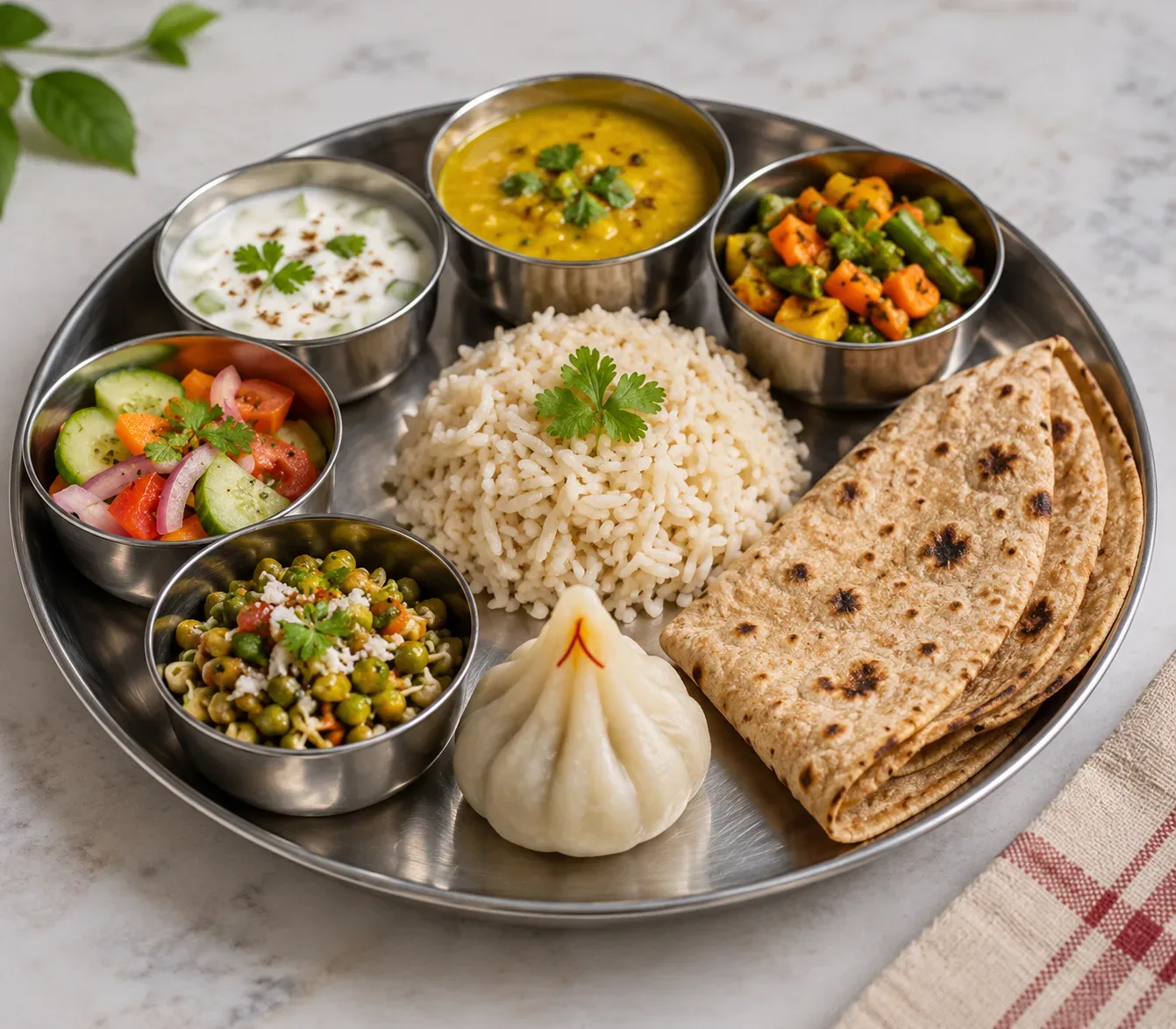 गणेश चतुर्थी पर मोदक के साथ संतुलित भारतीय थाली में दाल, सब्जियां, रोटी, चावल, रायता और सलाद