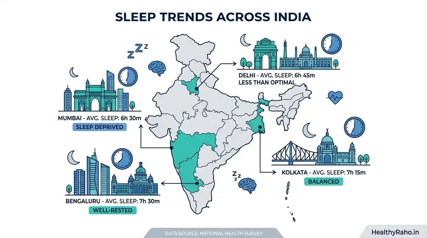 भारत के प्रमुख शहरों (मुंबई, दिल्ली, कोलकाता, बेंगलुरु) में नींद की कमी के आंकड़े दिखाता इन्फोग्राफिक