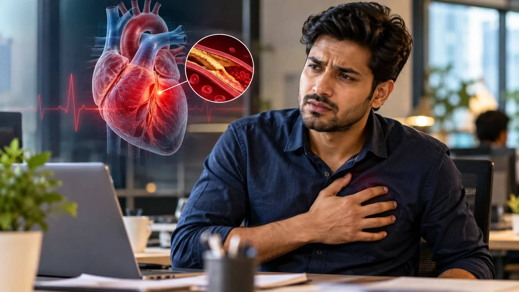 Office mein chest par haath rakhe hue young Indian professional heart attack ka early warning sign