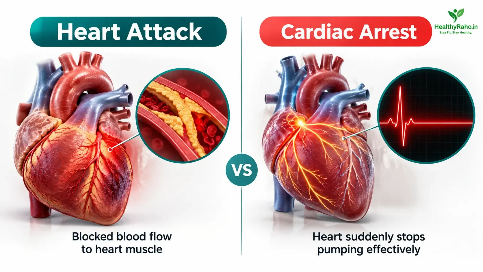 Heart attack aur cardiac arrest ka fark dikhata simple medical diagram
