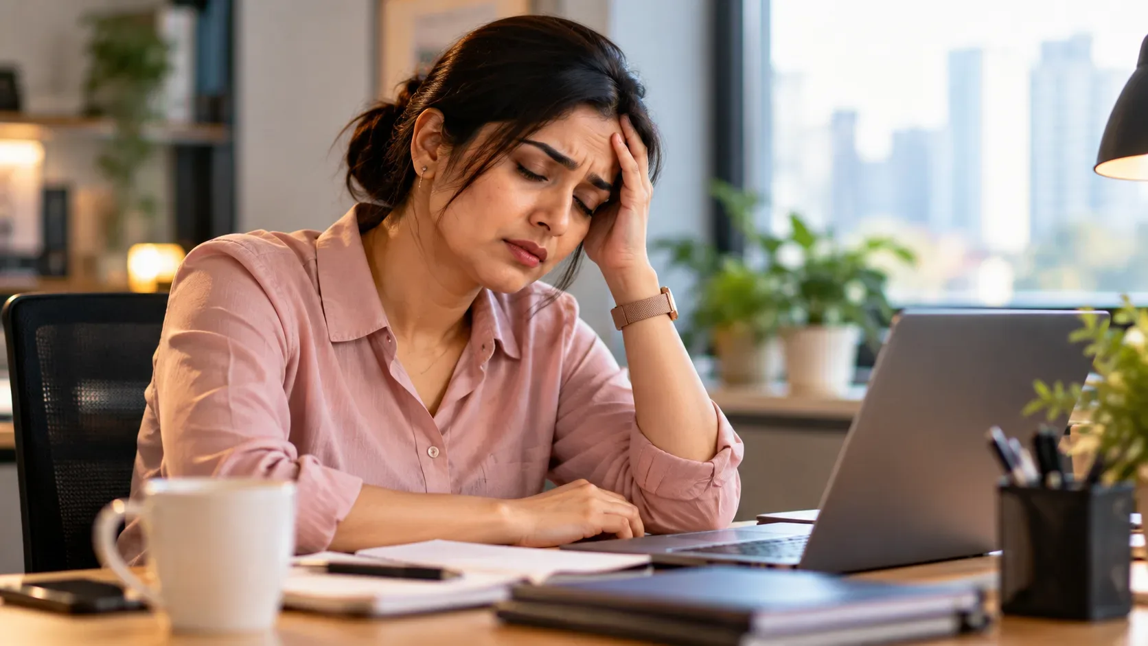 Thaki hui Indian working woman apne desk par heart attack ka overlooked symptom