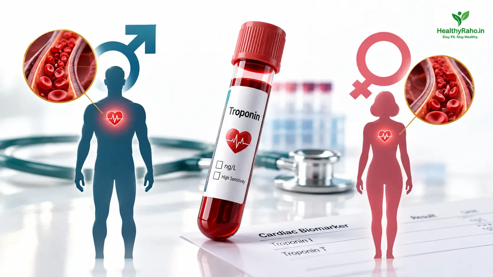 Mahilaon ke liye naye sex-specific troponin threshold ko darshata medical illustration