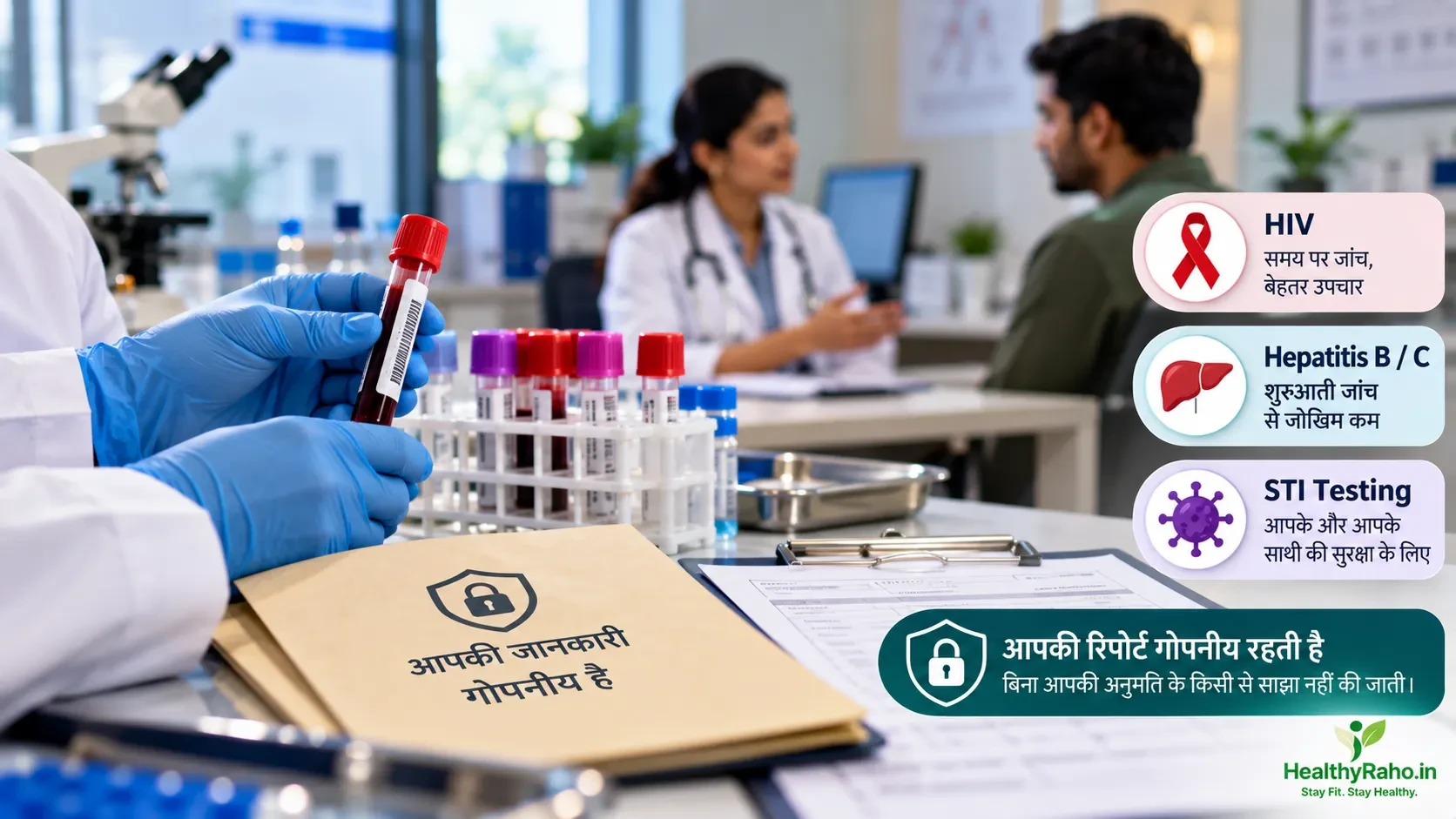 HIV, Hepatitis और STI testing में confidentiality और privacy को दर्शाती मेडिकल