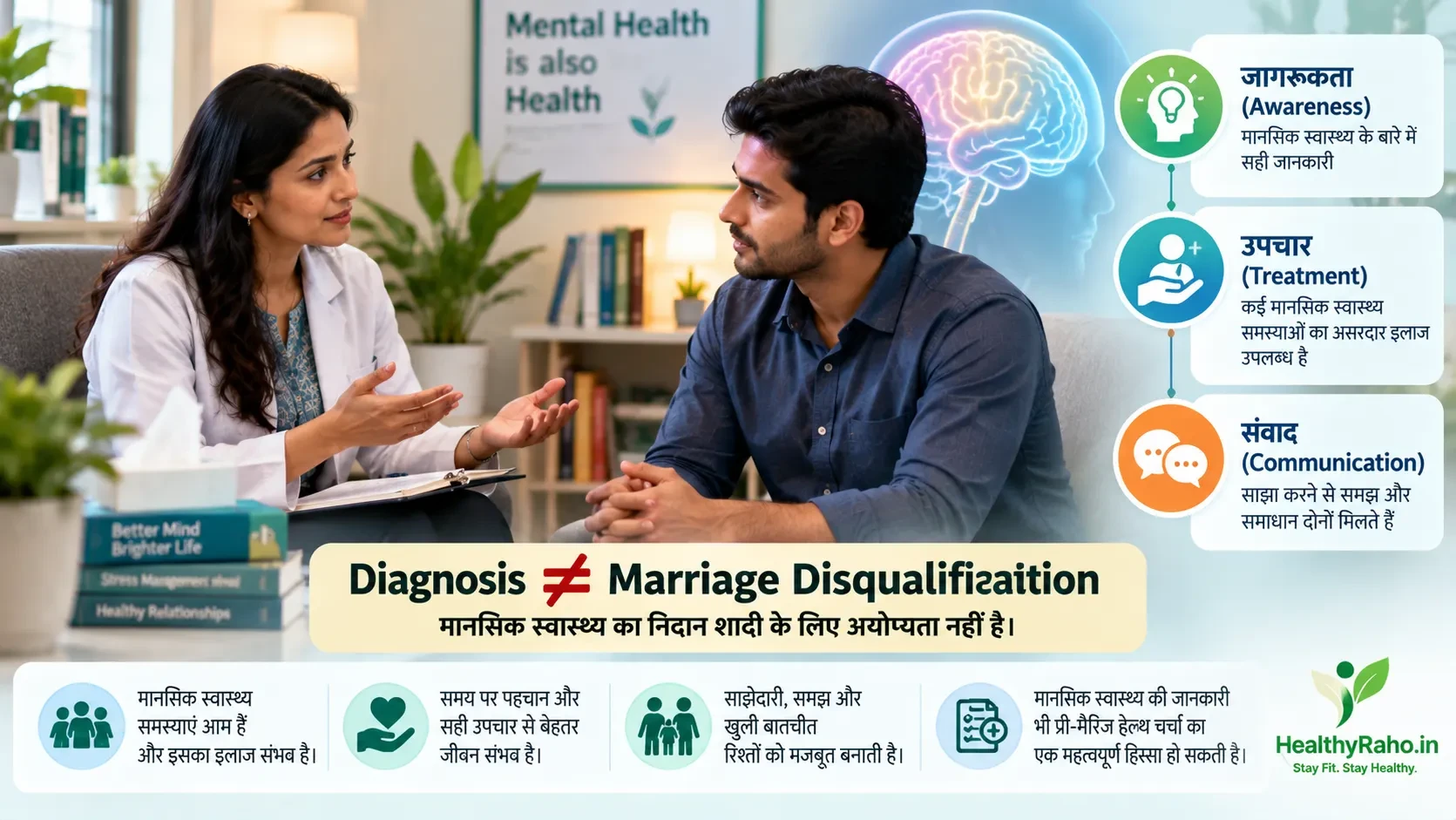 Mental health assessment में awareness, treatment और communication को दर्शाती editorial image