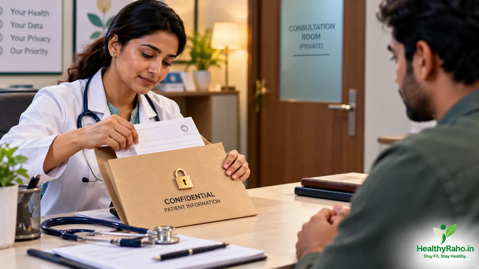 शादी से पहले मेडिकल रिपोर्ट की confidentiality और patient privacy को दर्शाती image