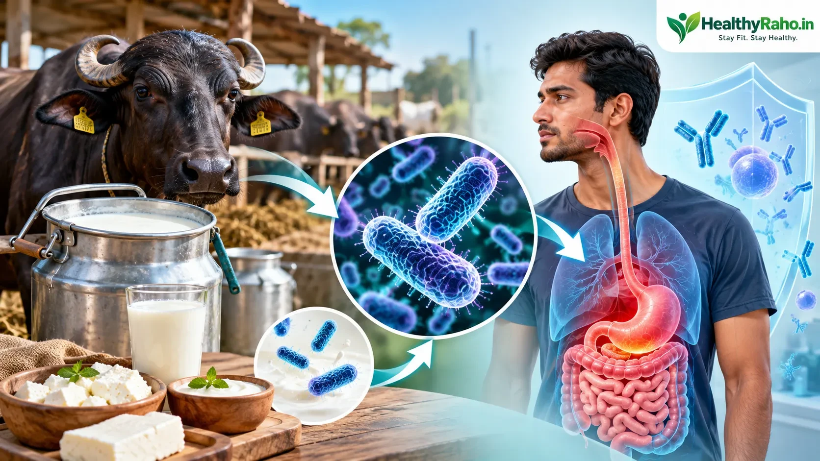 ब्रुसेलोसिस बैक्टीरिया और संक्रमित पशु उत्पादों से इंसानों में संक्रमण की प्रक्रिया दर्शाती मेडिकल इमेज