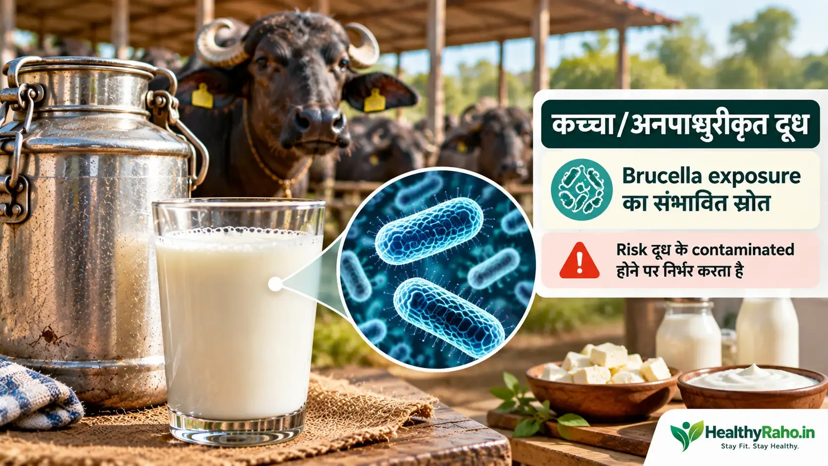 कच्चे दूध से ब्रुसेलोसिस संक्रमण के जोखिम को दर्शाती मेडिकल और फूड सेफ्टी इमेज