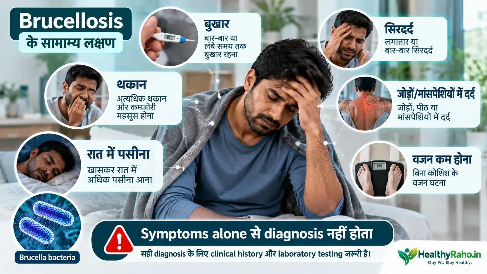 ब्रुसेलोसिस के सामान्य लक्षण जैसे बुखार, थकान, रात में पसीना और जोड़ों के दर्द की मेडिकल इमेज
