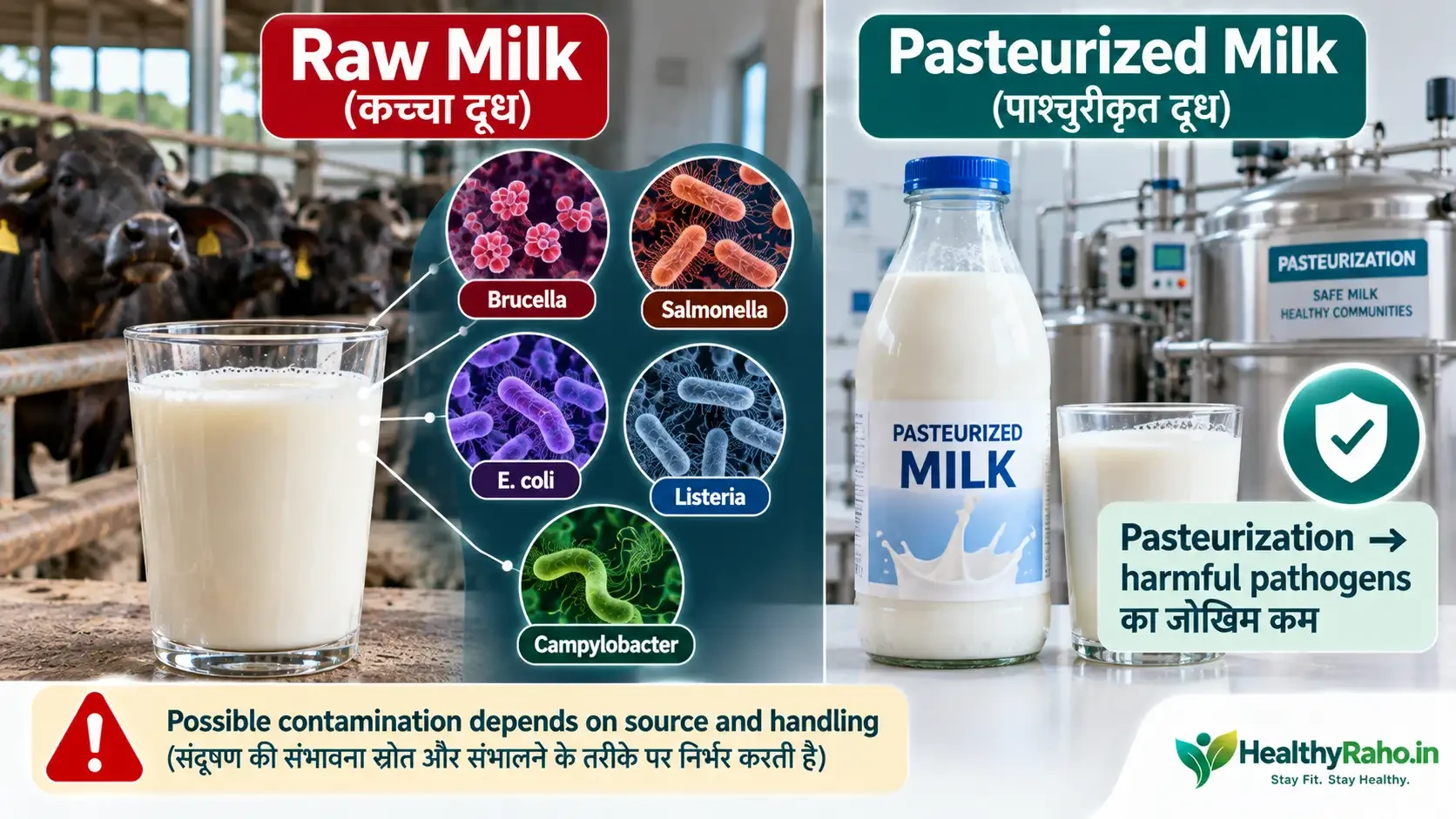 कच्चे दूध से जुड़े संभावित foodborne pathogens जैसे Brucella, Salmonella और E. coli की मेडिकल इमेज