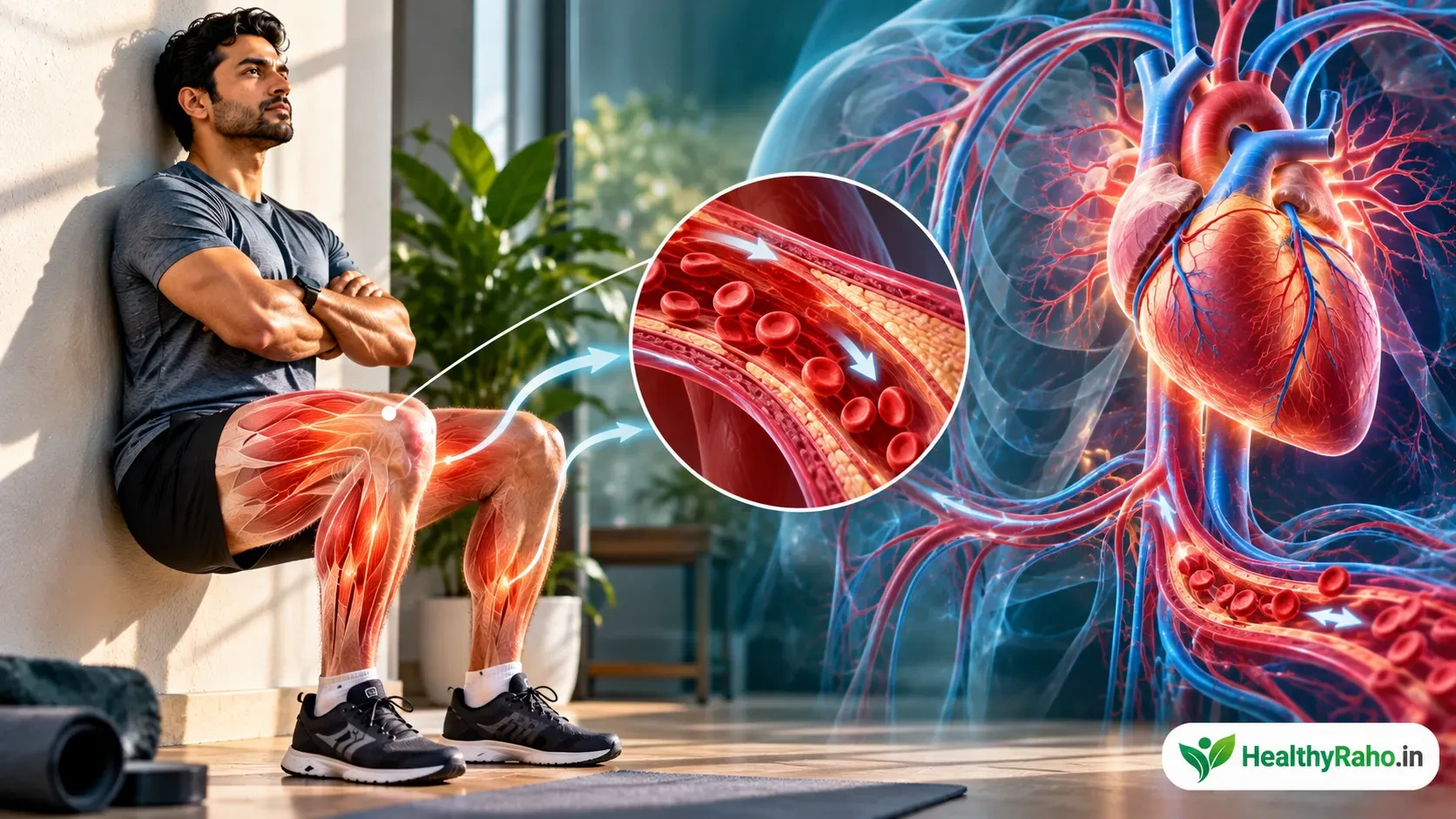 Isometric Wall Squat exercise और cardiovascular blood flow का medical visualization, HealthyRaho.in