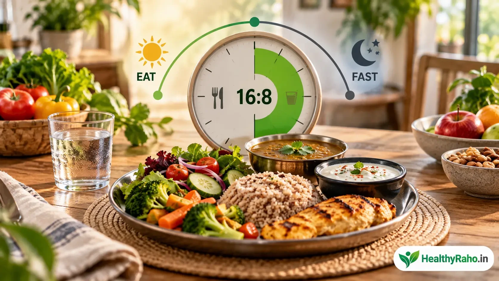 8-hour time restricted eating window और healthy balanced diet का realistic health visual, HealthyRaho.in