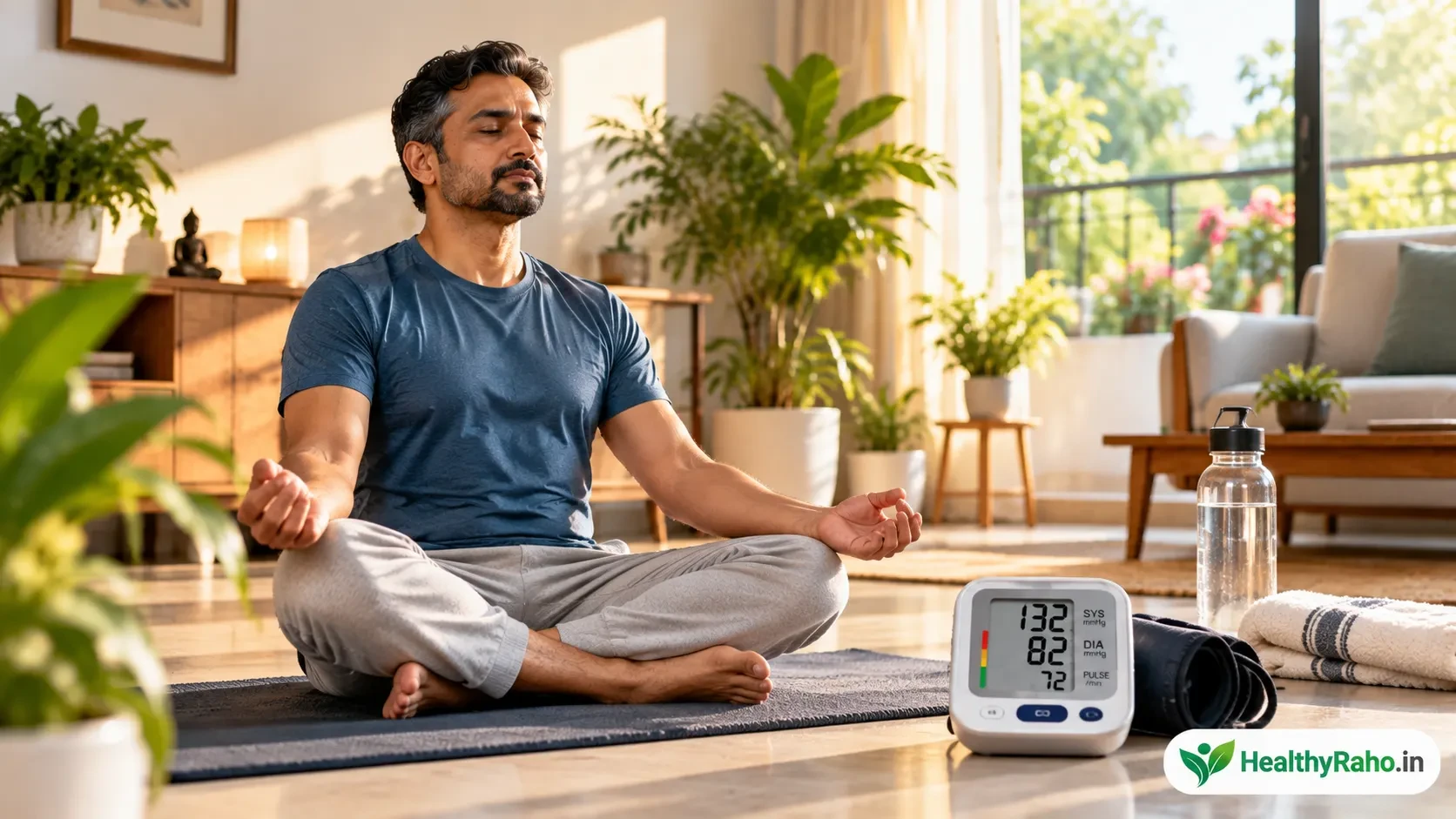 Yoga, relaxation और BP monitoring का realistic health visual, HealthyRaho.in