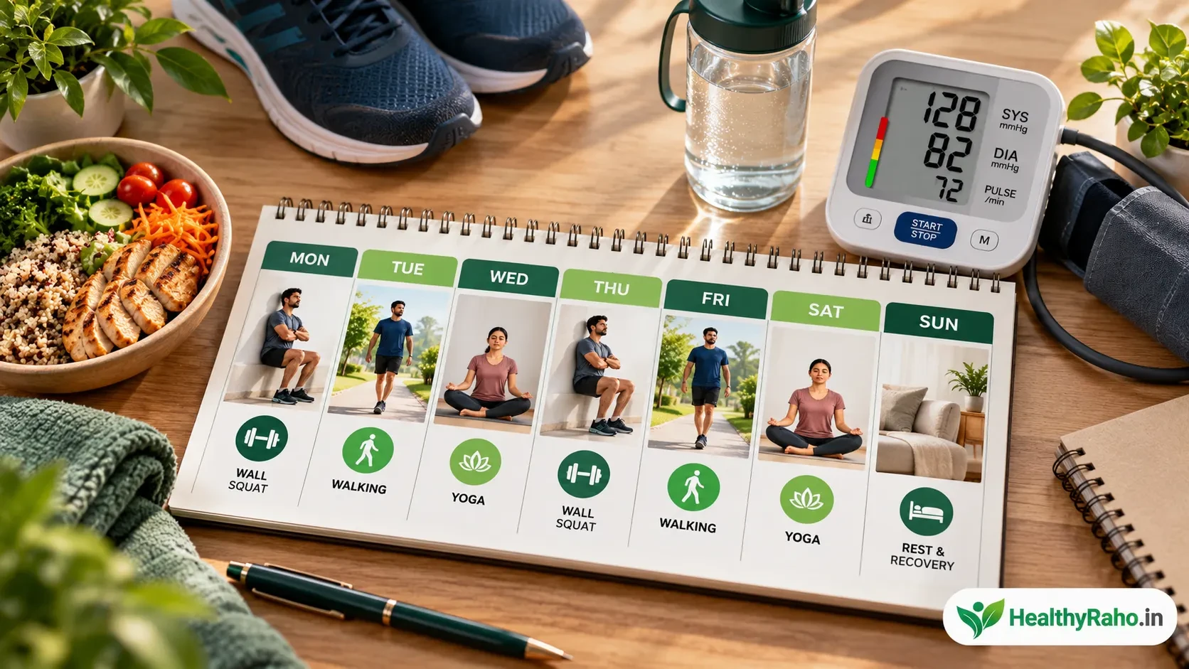 BP management के लिए 7-day Wall Squat, walking और yoga lifestyle plan, HealthyRaho.in