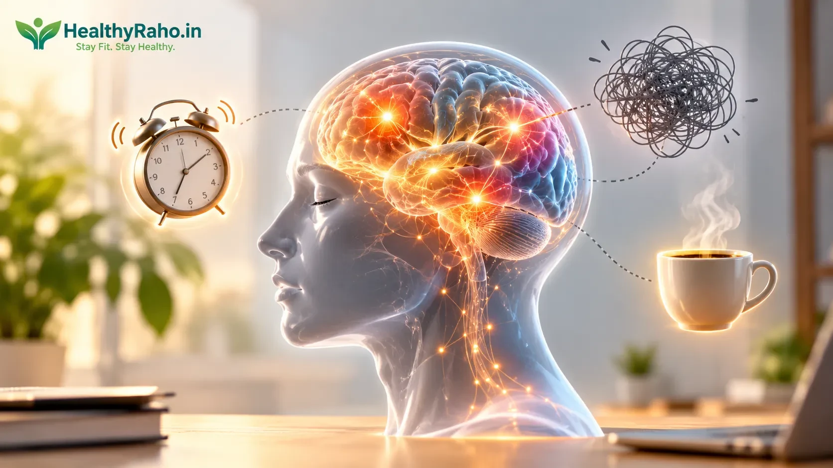Infographic representing silent mental health warning signs like brain fog, sleep fatigue and irritability
