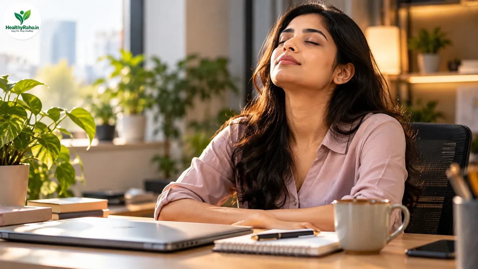Working Indian woman feeling overwhelmed by laptop work and stress at office desk