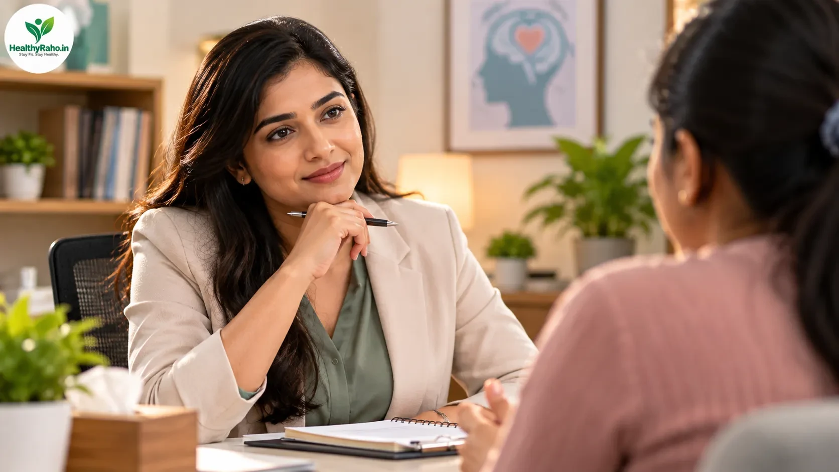 Caring female therapist listening attentively during a mental health support consultation