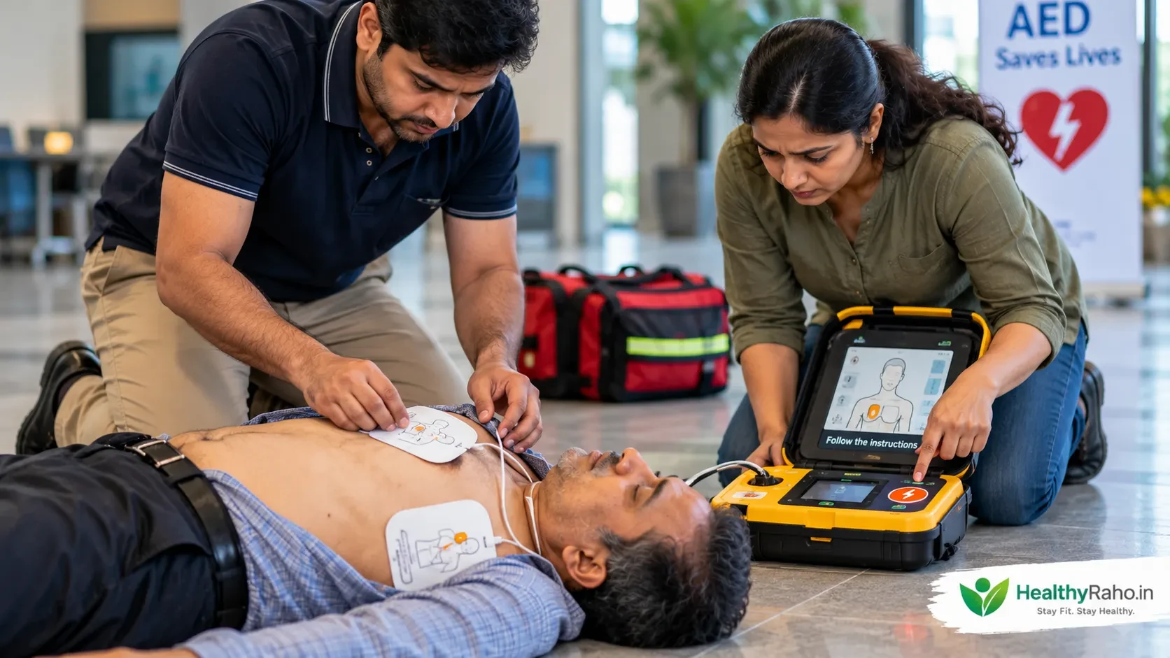 Cardiac Arrest में AED का इस्तेमाल करते rescuers