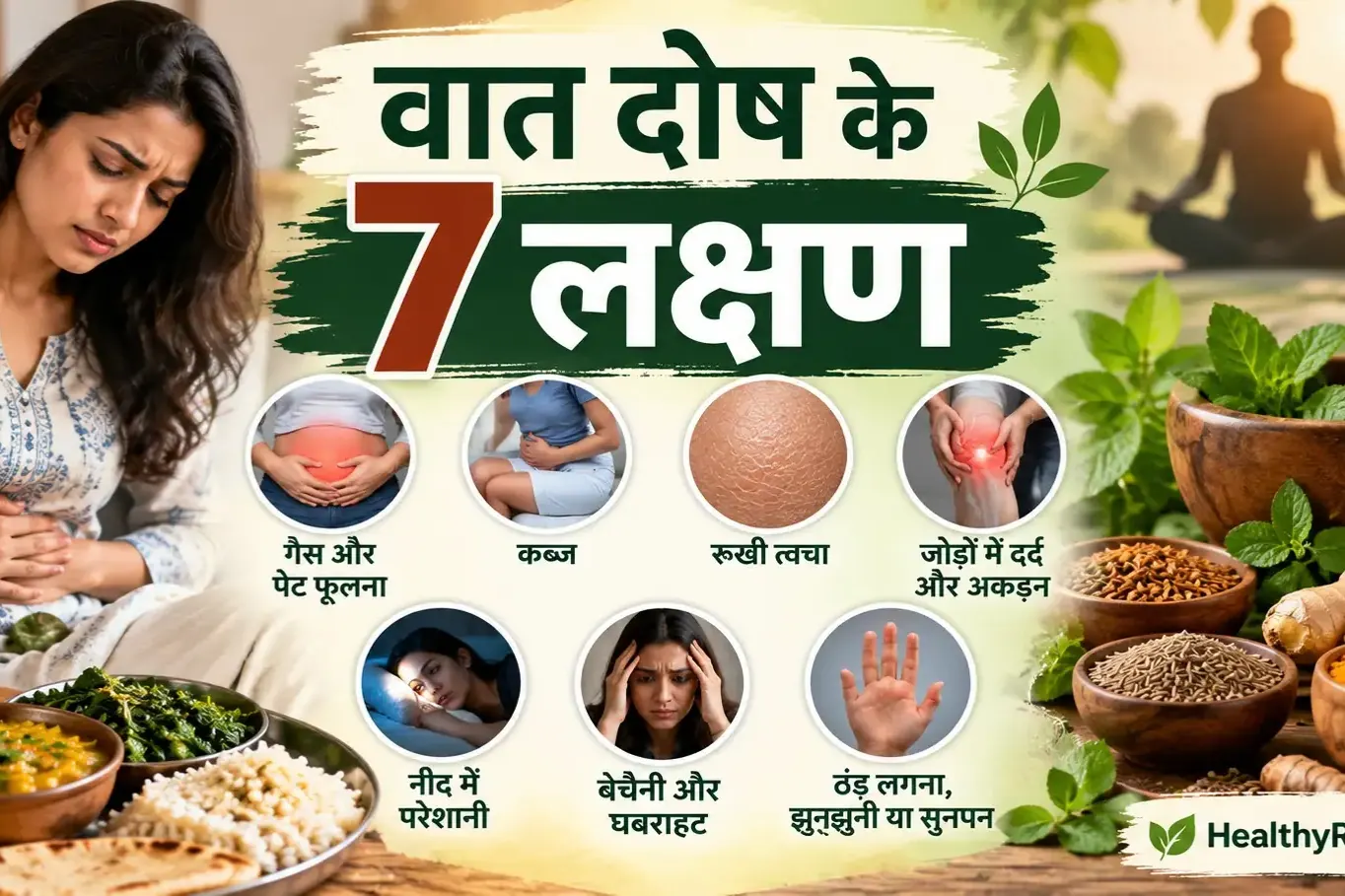 वात दोष के लक्षण और आयुर्वेदिक अवधारणा को समझाता हेल्थ एजुकेशन विजुअल