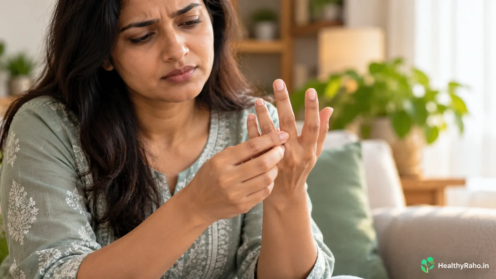  हाथों में झुनझुनी या असहजता महसूस करते हुए अपनी उँगलियों को सहलाता वयस्क