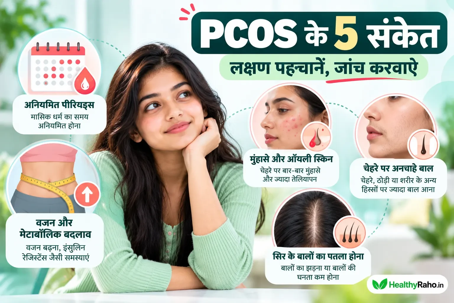 PCOS और PMOS के संभावित लक्षण जैसे अनियमित पीरियड्स, मुंहासे और बालों का पतला होना दर्शाता हेल्थ इन्फोग्राफिक।