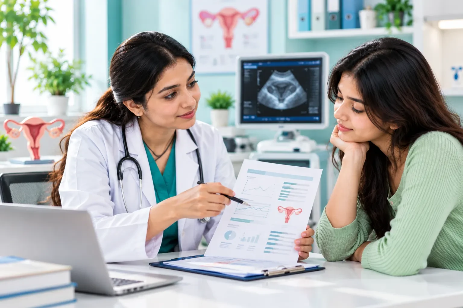 भारतीय गायनेकोलॉजिस्ट महिला मरीज को PCOS की जांच, हार्मोन टेस्ट और मेडिकल रिपोर्ट समझाती हुई।