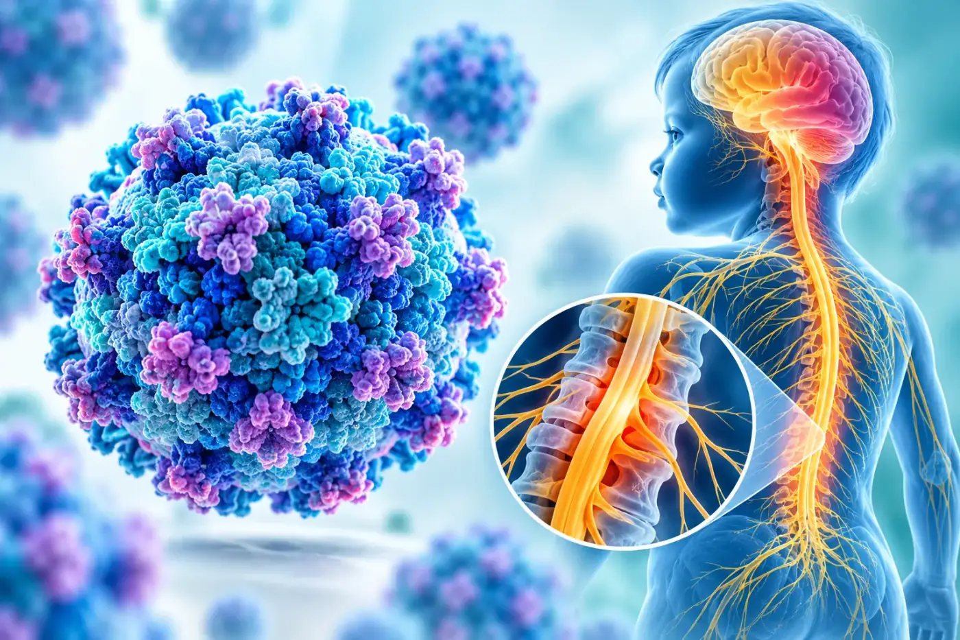 पोलियो वायरस और मानव तंत्रिका तंत्र का मेडिकल चित्रण