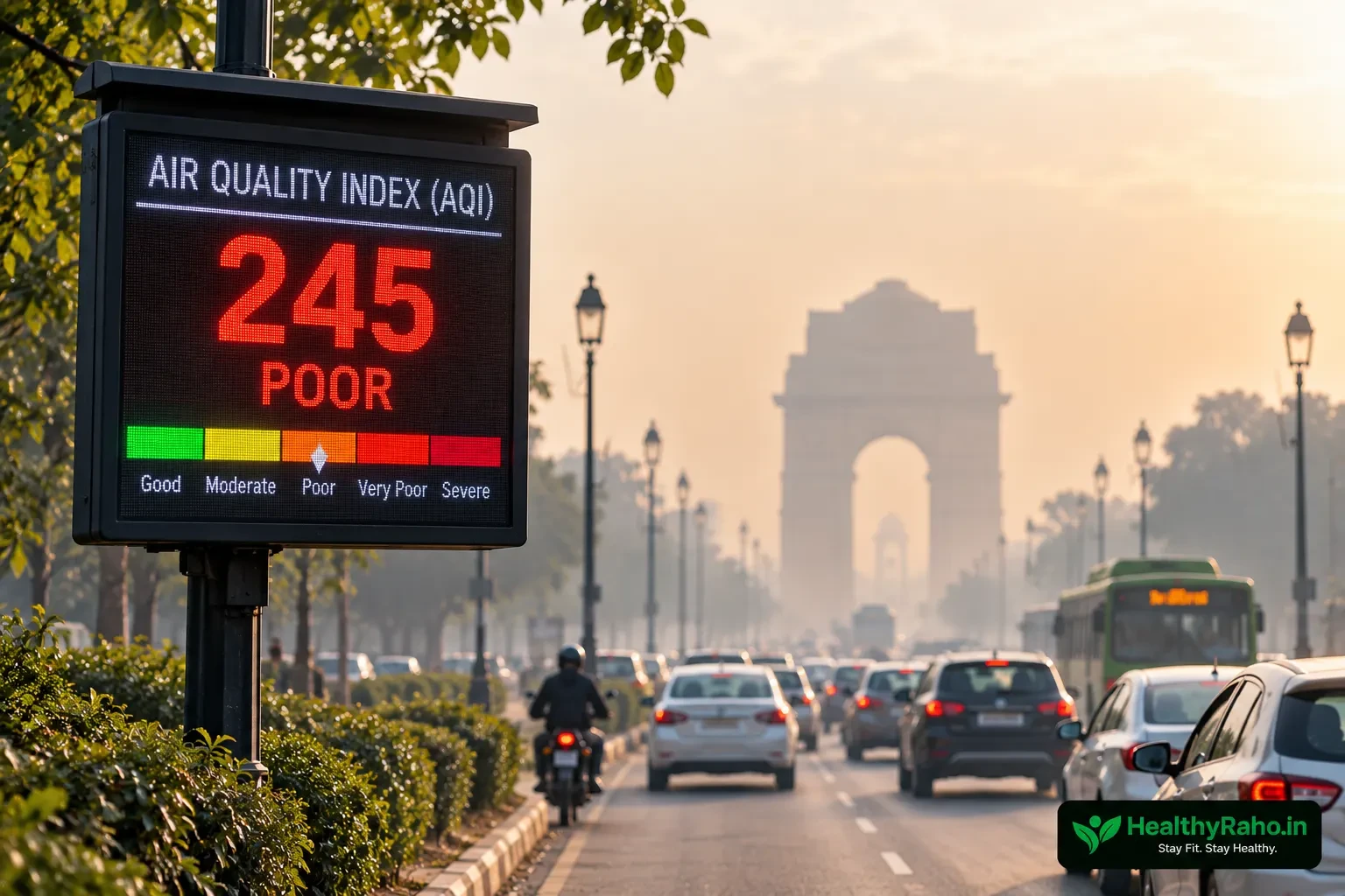 दिल्ली में खराब वायु गुणवत्ता के बीच AQI डिस्प्ले और सड़क पर चलती गाड़ियाँ।