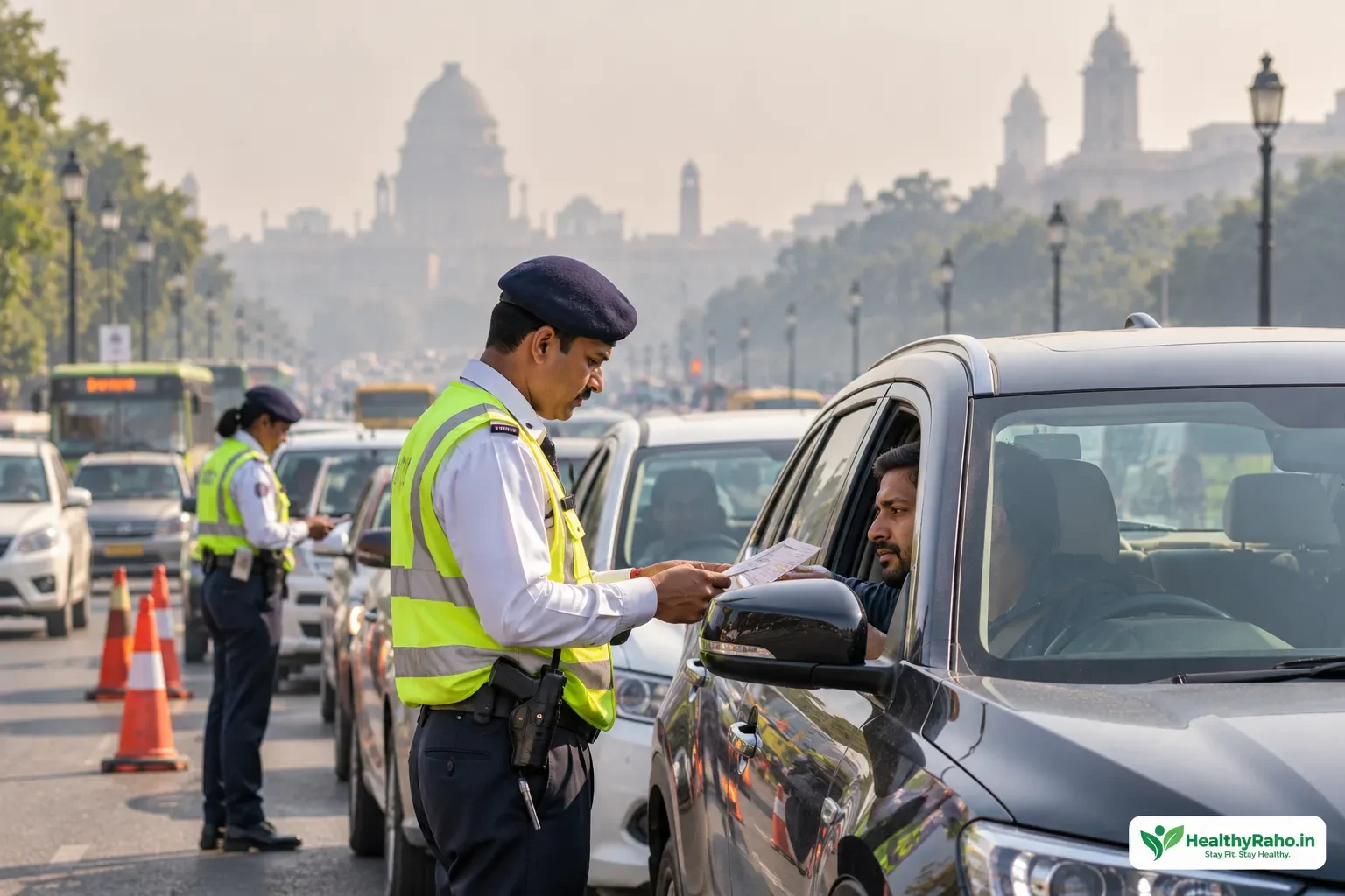 दिल्ली में वाहन के दस्तावेजों की जाँच करता ट्रैफिक पुलिस अधिकारी