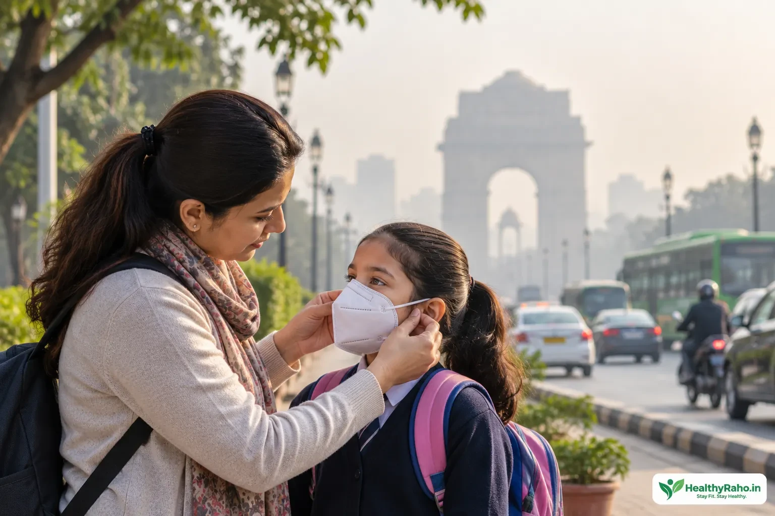 शाम के समय एक शहरी सड़क पर हल्का धुंधलापन, दूर गाड़ियां और लोग
