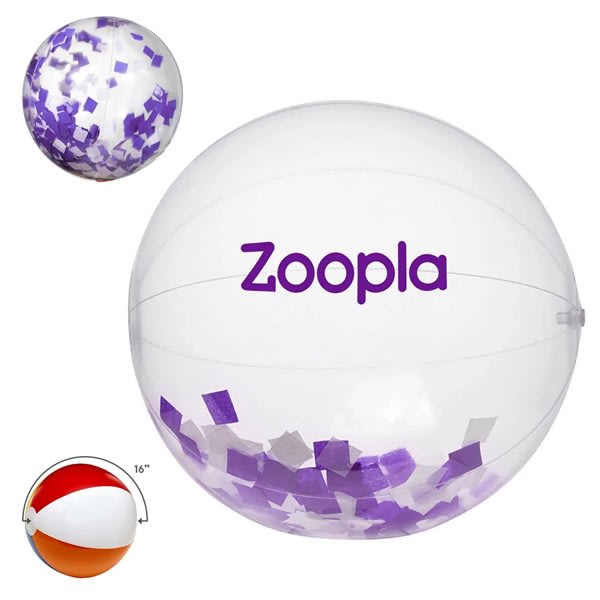 16" Purple And White Confetti Filled Clear Beach Ball