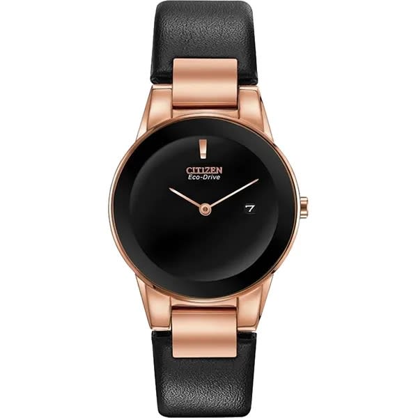 Ladies' Eco-drive Watch Pink Gold-tone W/black Leather Strap