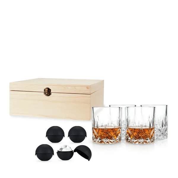Crystal Liquor Glass And Ice Sphere Wood Box Set