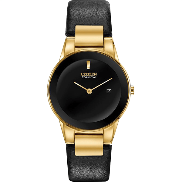 Ladies' Eco-drive Watch, Gold-tone With Black Leather Strap