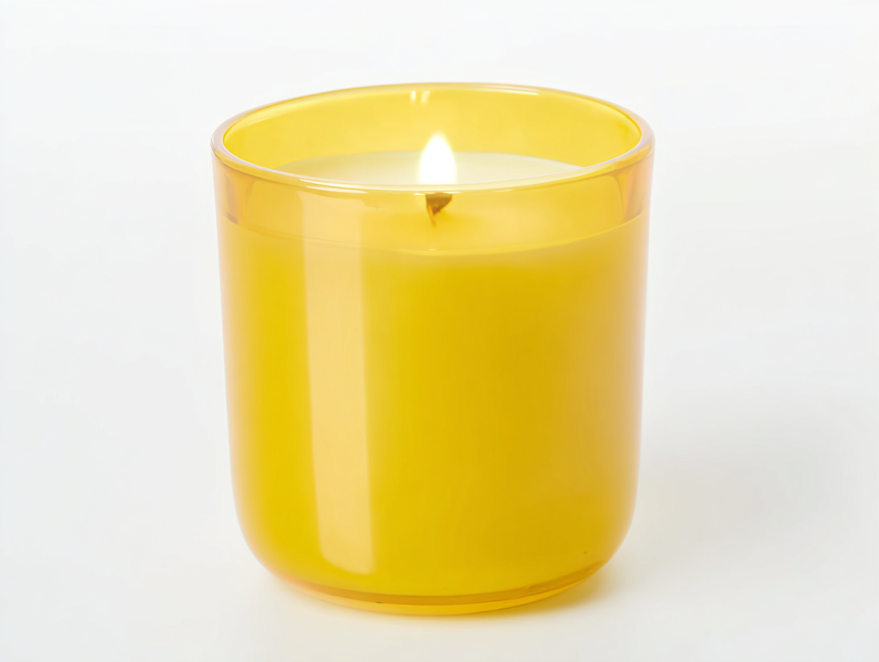SoulCycle grapefruit candle burning with warm yellow glow