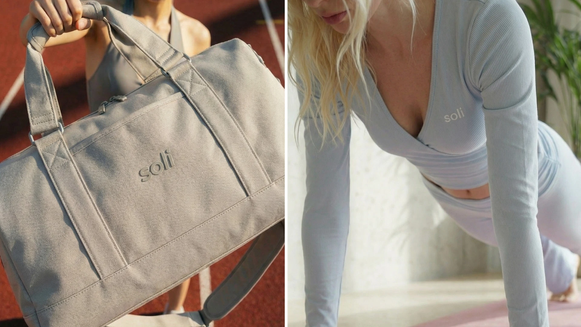 Resort-style branded tote, striped beach towel, and sunglasses on sand