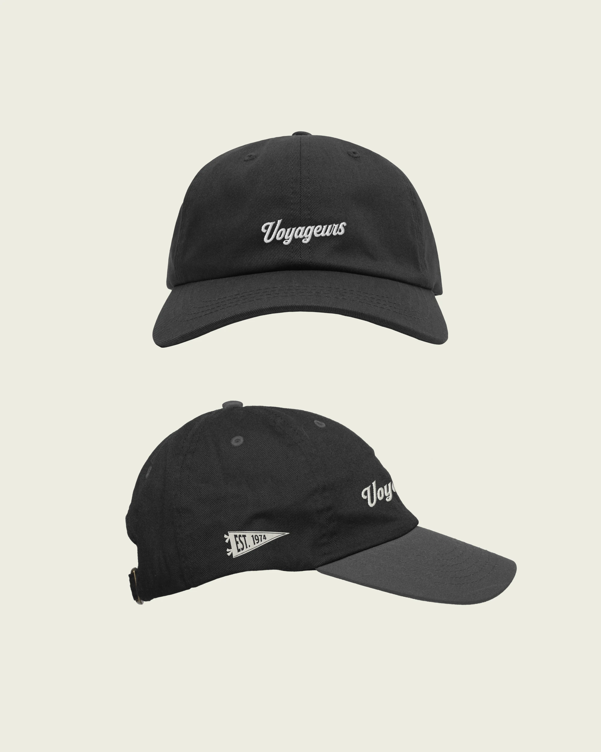 Custom embroidered black baseball cap, front and side views